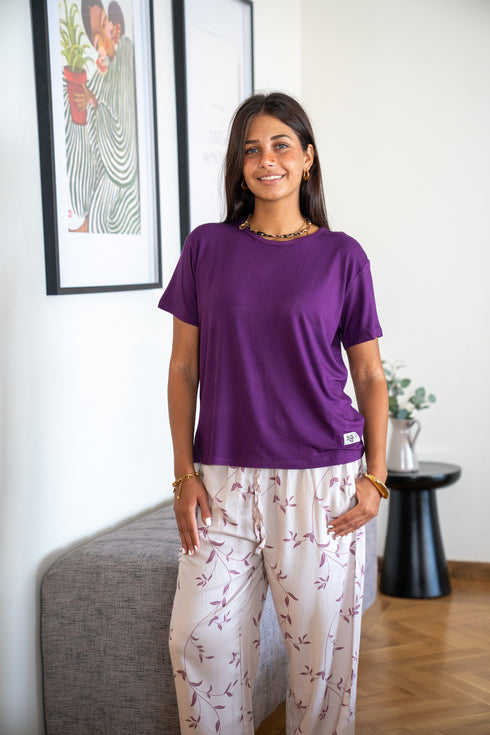 Women summer pajama set Purple Tee + Minimal floral vine Pants